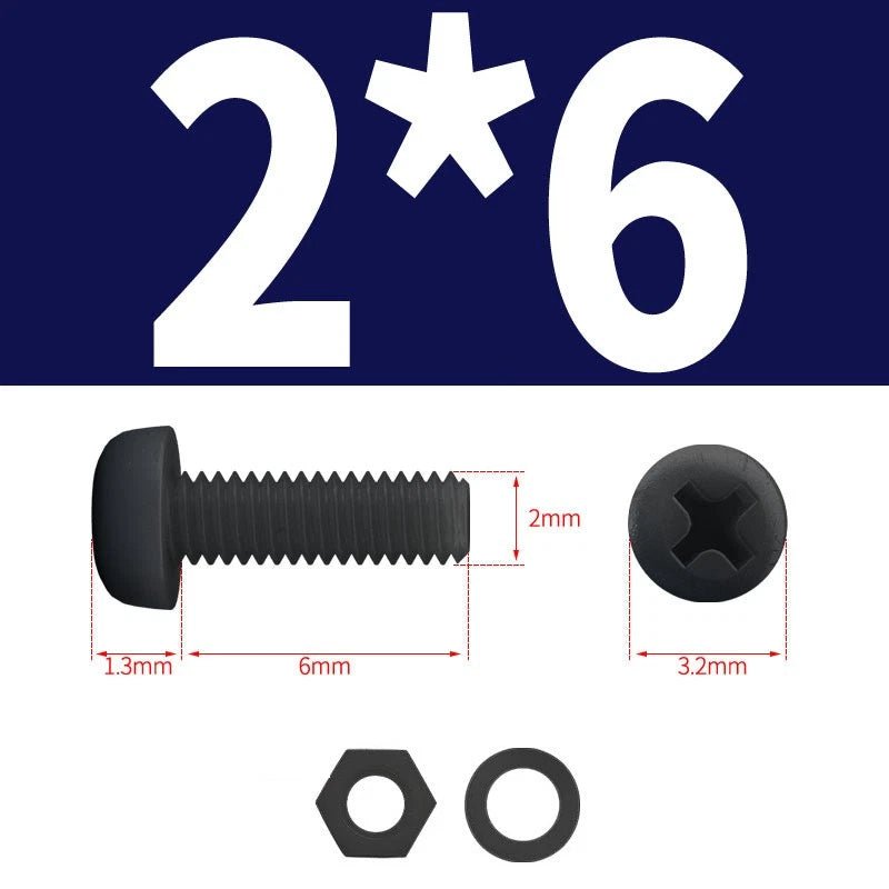 Black Nylon Phillips Machine Screws with Nuts & Washers — Metric M2 to M8 - HomeDIYer