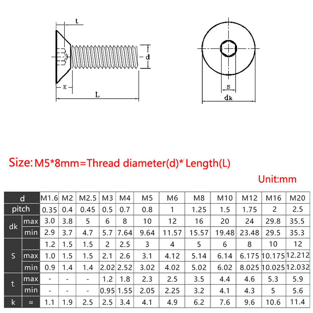 M2–M12 Countersunk Socket Screws, A2 Stainless Steel Allen Hex Flat Head Machine Bolts