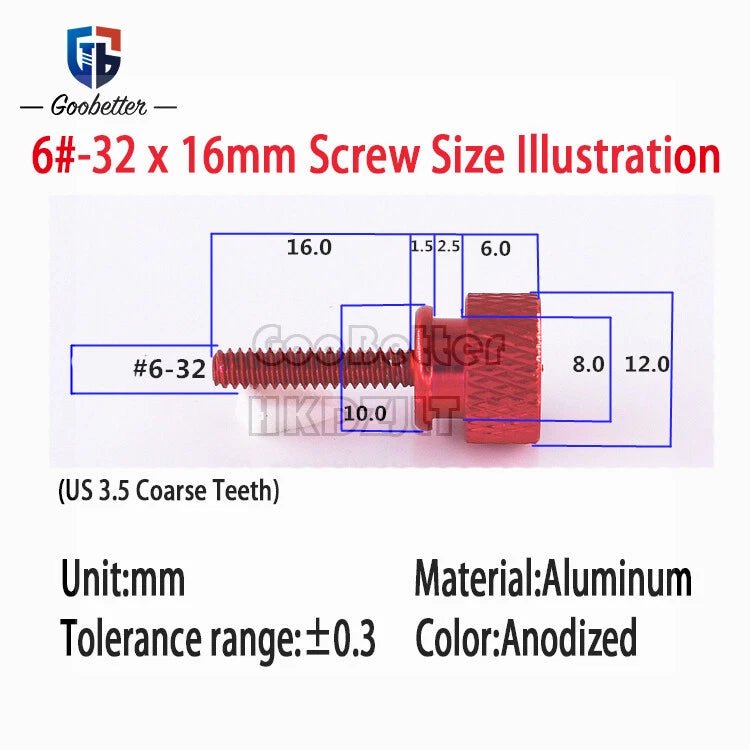 6 - 32 Knurled Thumb Screws for PC Case — Aluminum Hand - Grip Panel Bolts - HomeDIYer