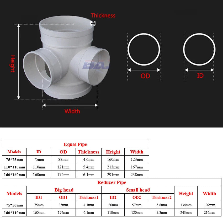 50-200mm PVC Drainage Pipe 4-Way Equal Reducer Connector Adapter Drain Fittings