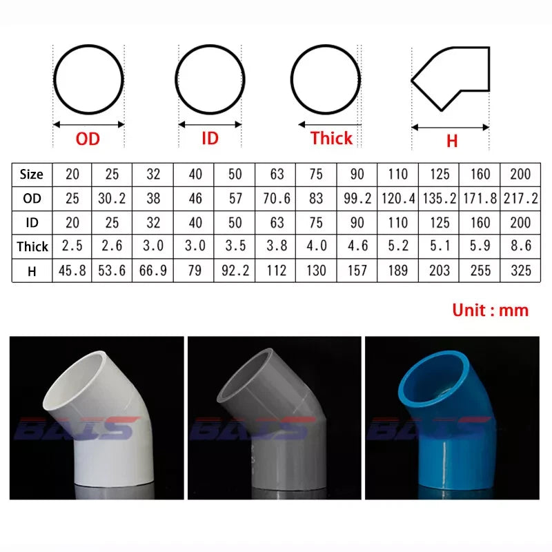 PVC 45 Degree Elbow Pressure Fittings Adhesive Water Pipe Fitting ID 20mm~ 200mm
