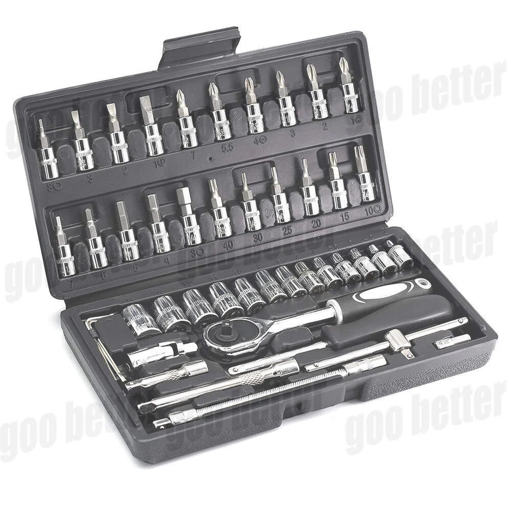 46PCS 1/4" Drive Spanner Socket Ratchet Wrench Set Car Repair Tool Kit with Case