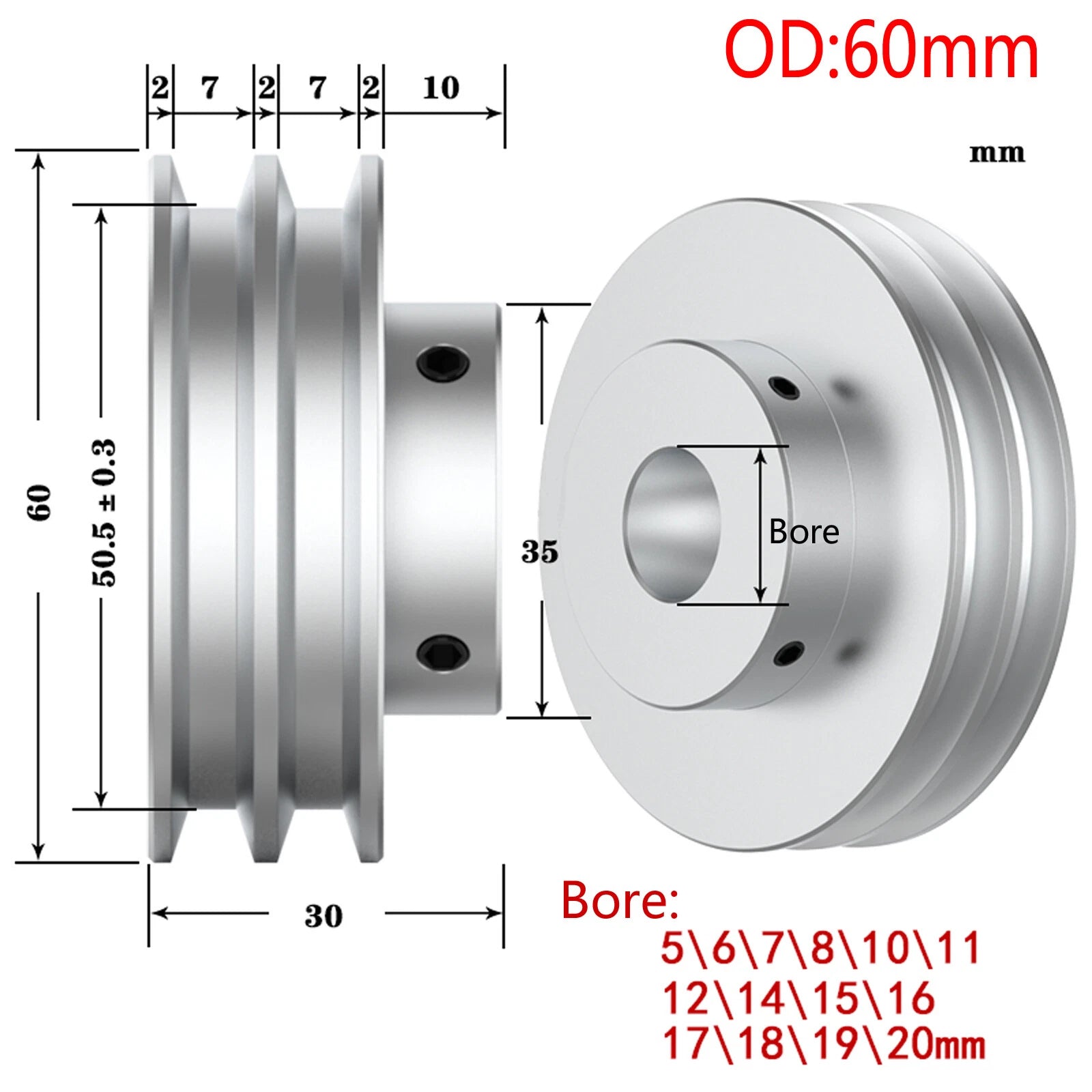 Double V Grooved Pulley PU Round Belt Pulleys Aluminum Width 7mm OD 30-80mm