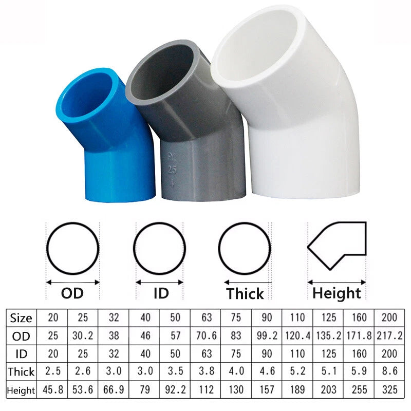 PVC Pipe Fittings Connector 45° Elbow Adapter Solvent Weld ID 20mm - 160mm