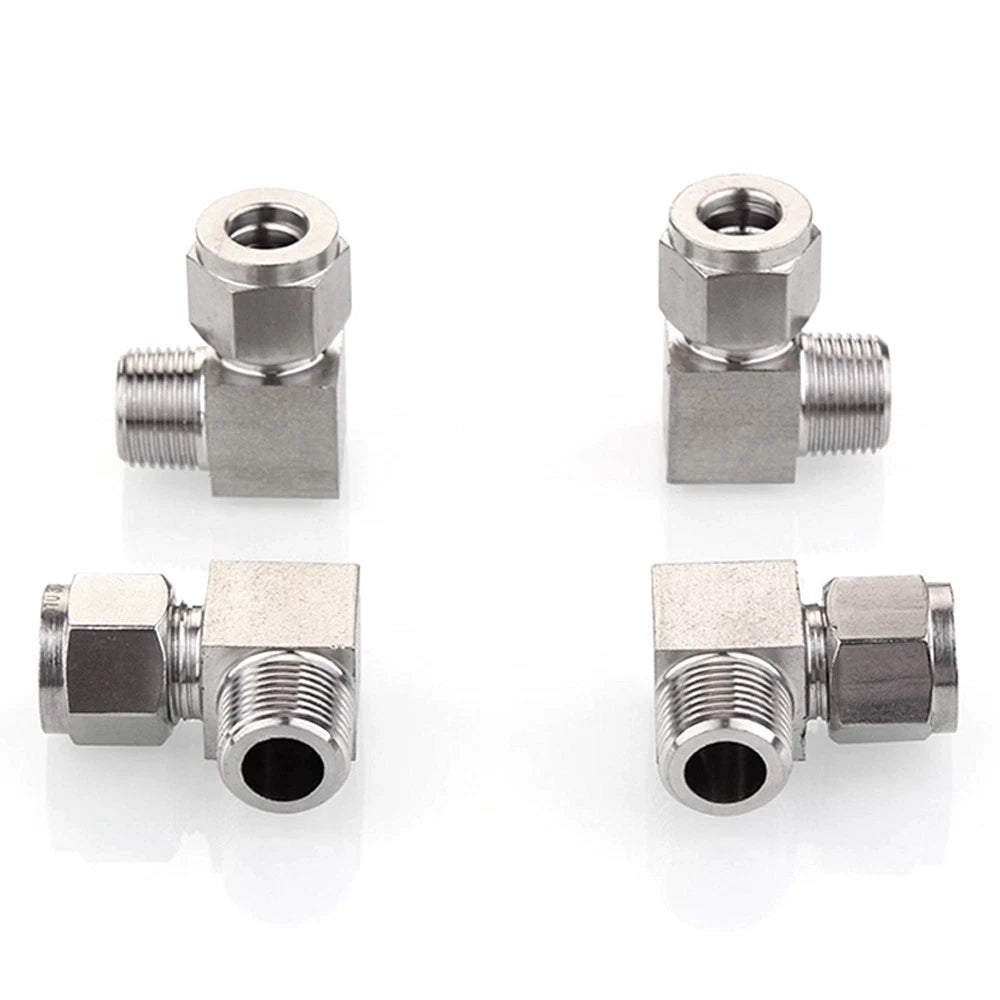 304 Stainless Steel Compression Fitting – 90° Elbow Male Connector, BSPT 1/8" to 1/2", Tube OD 6–20mm