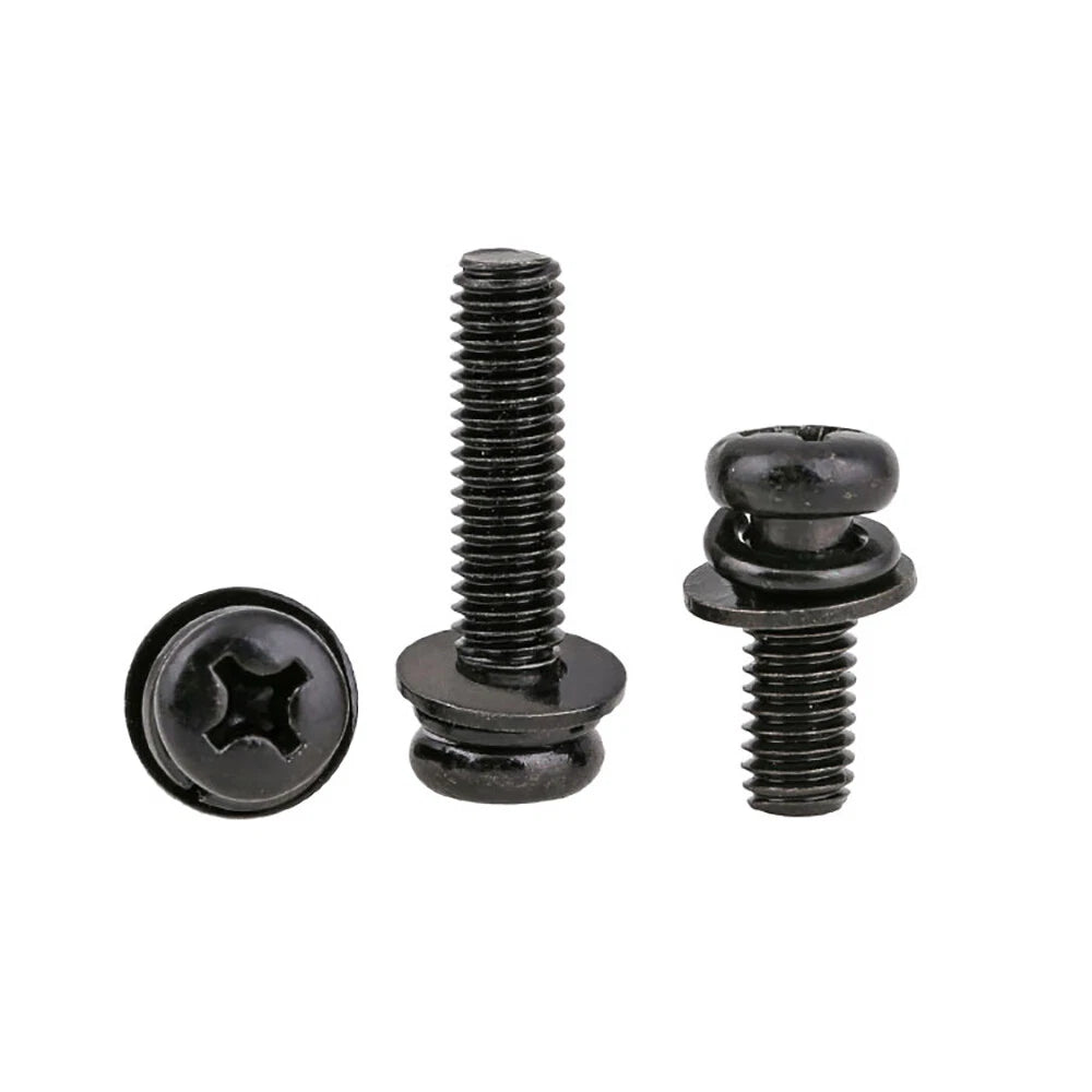 Pozi Pan Head Screws with Flat & Spring Washers – M2 M2.5 M3 M4, Carbon Steel Black Zinc (Length Under Head)