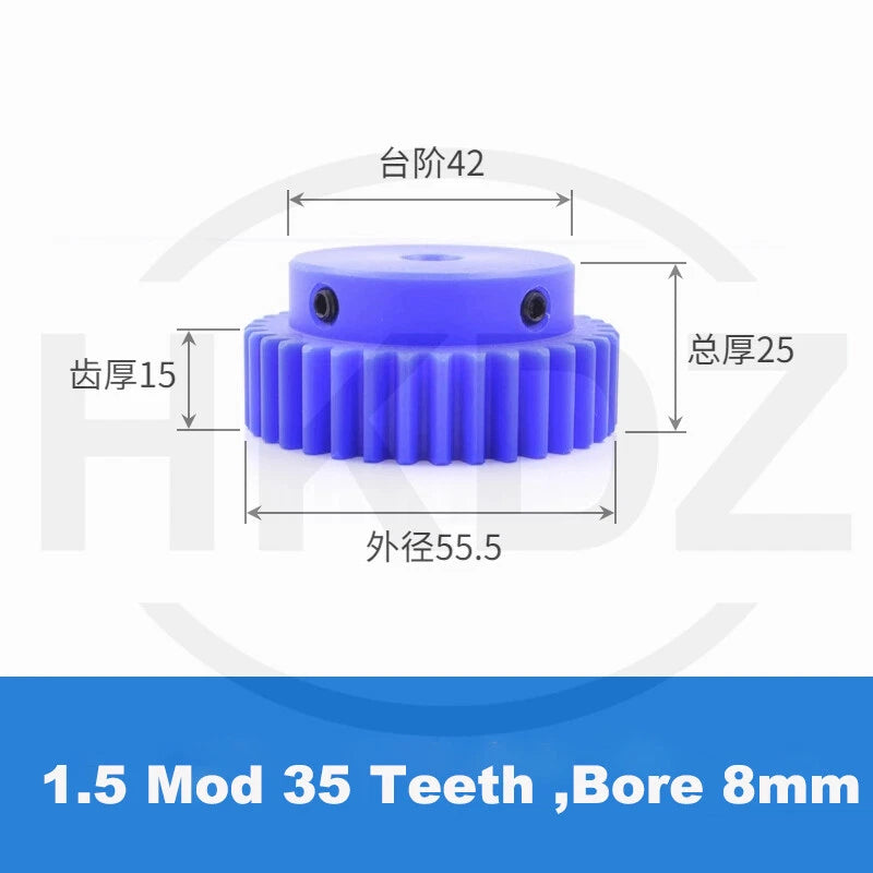 1.5 Mod Blue Nylon Spur Gear 15-60T,Bore 6-12mm Pinion Gear With Step Motor Gear