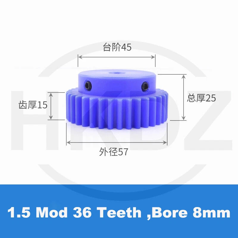 1.5 Mod Blue Nylon Spur Gear 15-60T,Bore 6-12mm Pinion Gear With Step Motor Gear