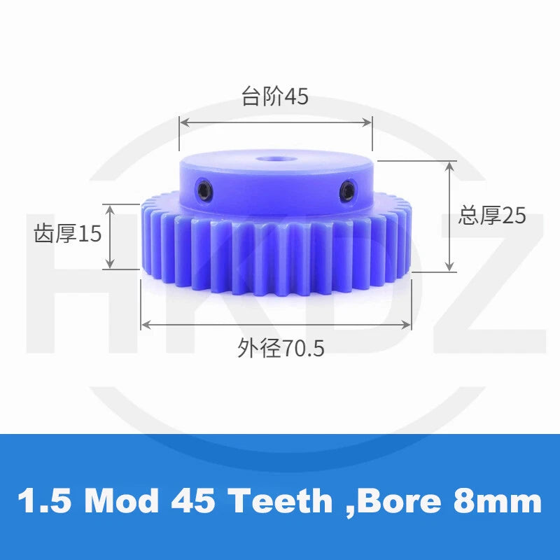 1.5 Mod Blue Nylon Spur Gear 15-60T,Bore 6-12mm Pinion Gear With Step Motor Gear
