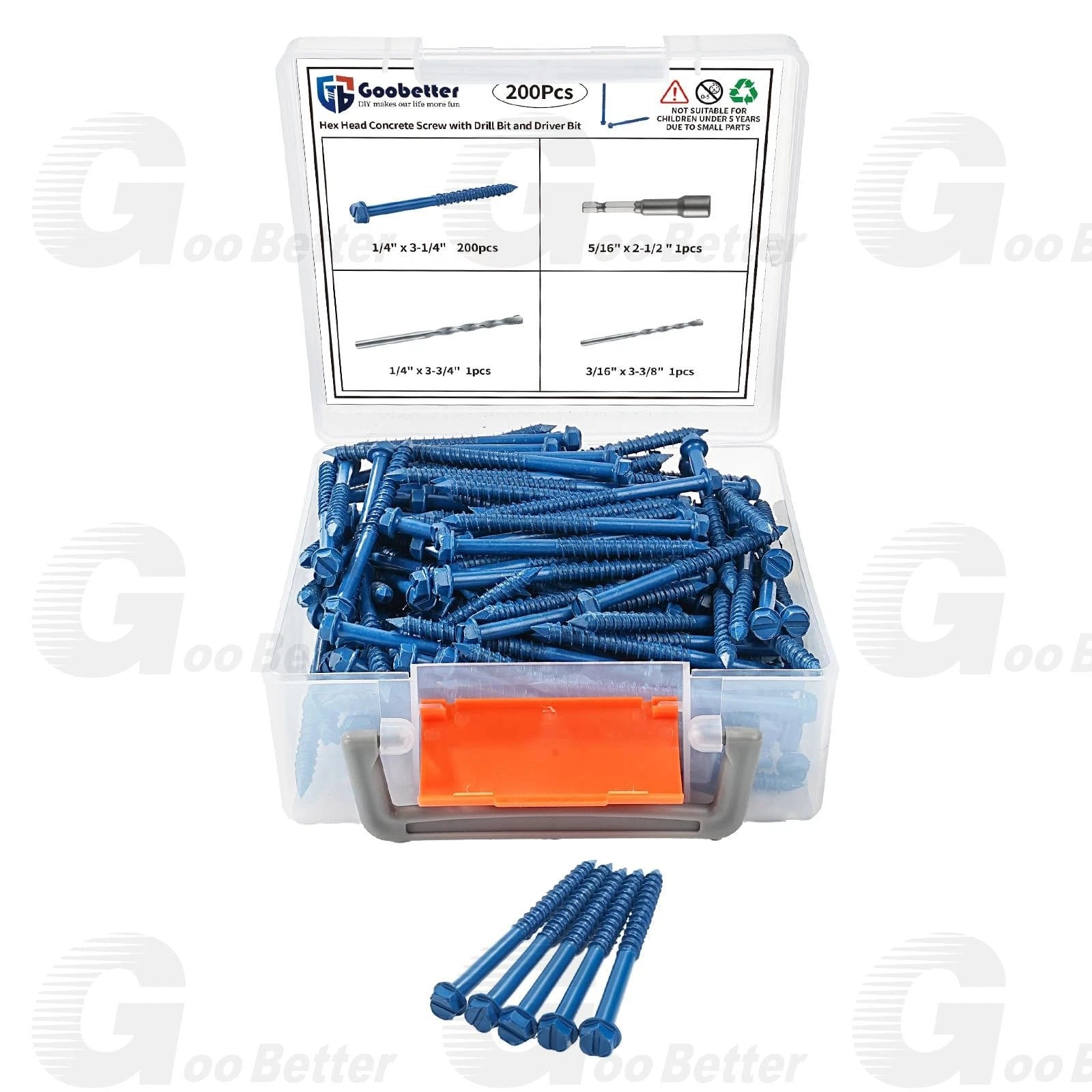 200pcs Concrete Screws Masonry Brick Tapscrews Hex Multi Drive Head Blue Tapcon