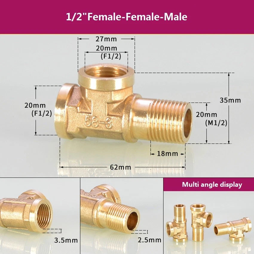 Brass BSP 1/2" T-Shape Tee Pipe Fitting | Male & Female Thread Connector