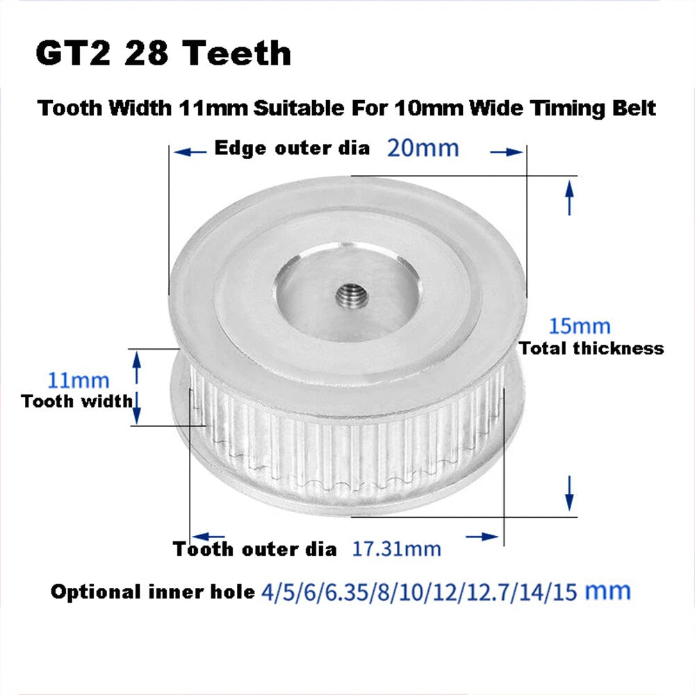 GT2 For 10mm Timing Belt,Idler Drive Pulley 20/22/24/25/26/28/30 Tooth 3-12 Bore