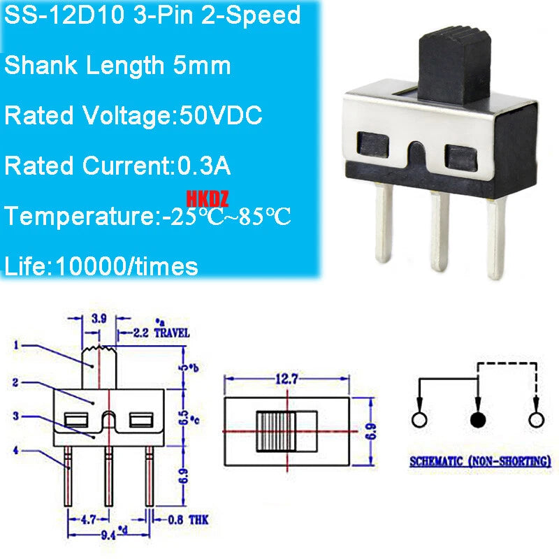PCB Miniature Toggle Switch SPST — SS-12D10 / SS-12D06 / SS-12D07 / MSK12C01, 3 & 7 Pin, Straight/Bent/DIP/SMD