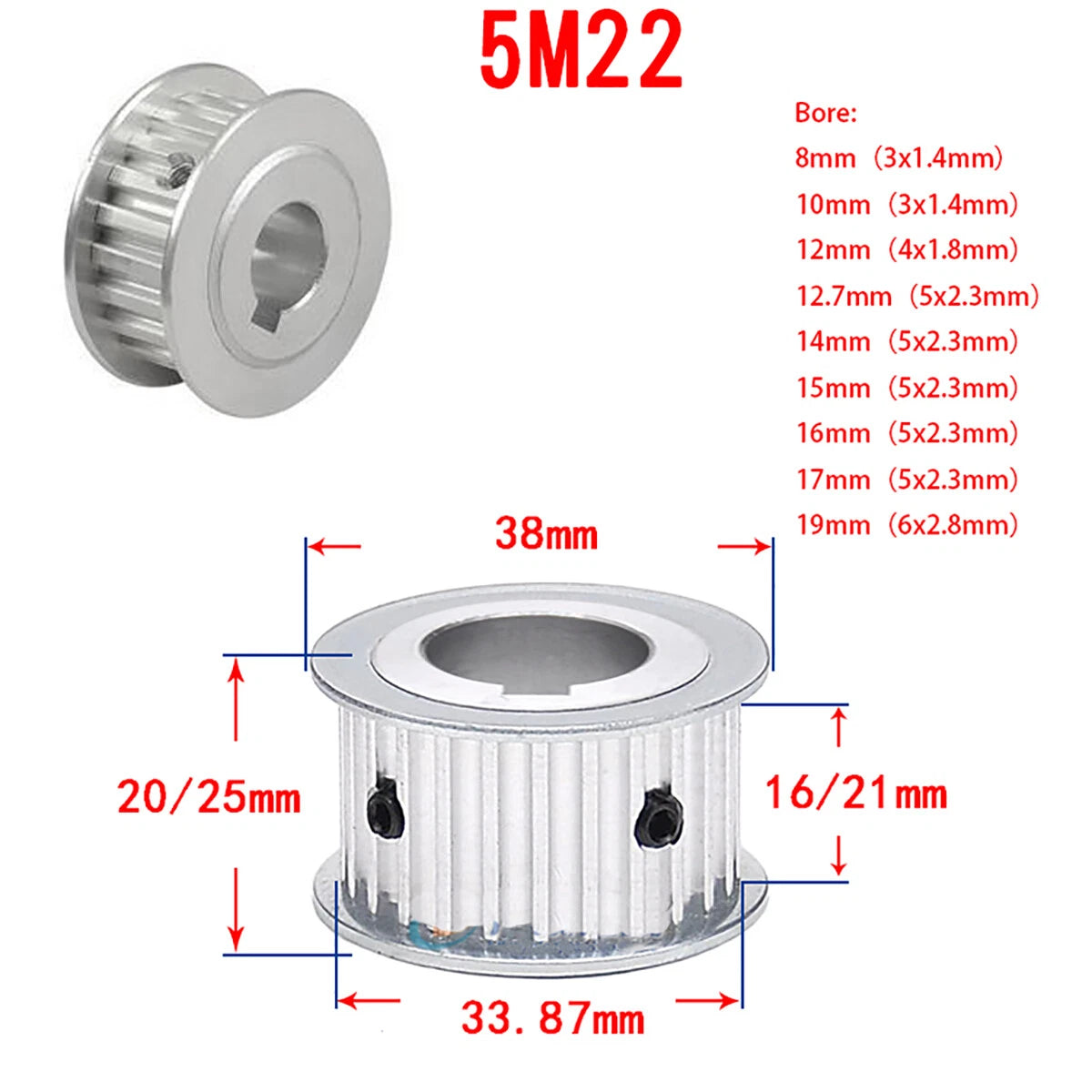 5M Timing Belt Pulley 15T-60T keyway Bore AF-type 16/21mm Belt Synchronous Wheel