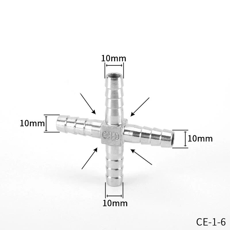 A2 Stainless Steel Cross 4-Way Barbed Hose Connector | 8–25mm | Air Fuel Water Gas