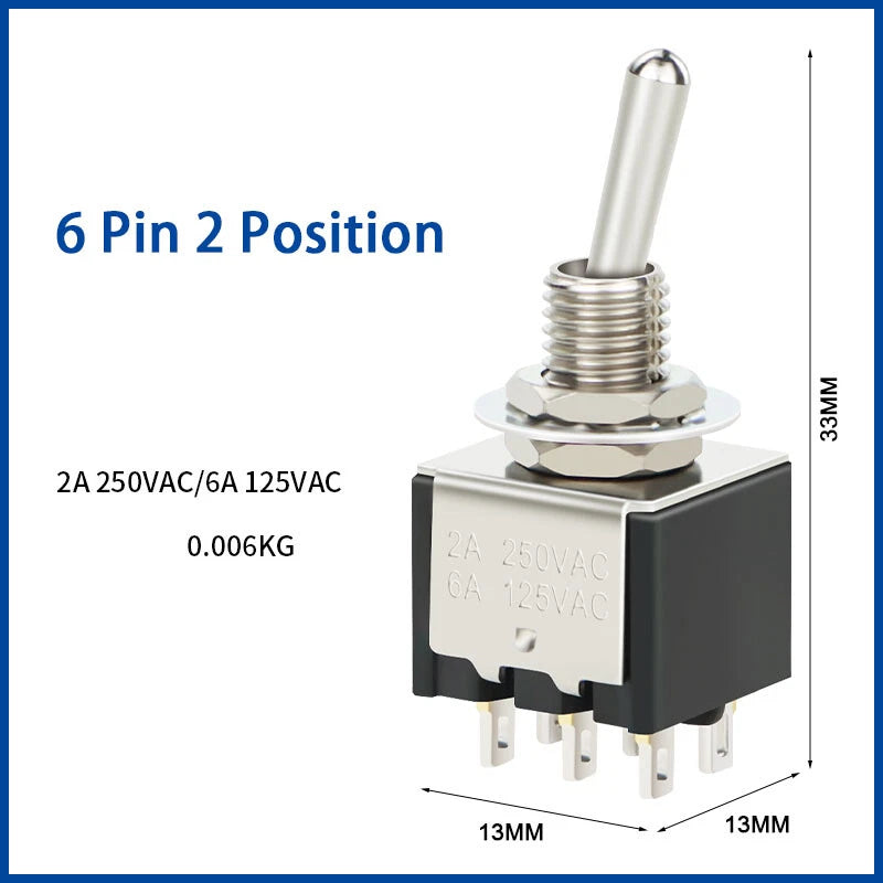 MTS 6mm Mini Toggle Switch – 3 & 6 Pin, 2 & 3 Position, On-Off / On-Off-On