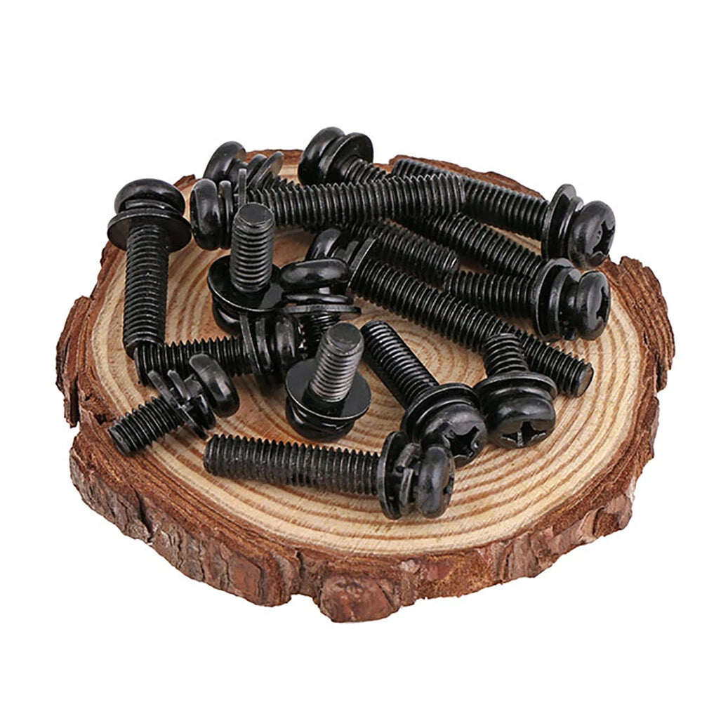 M2–M8 Black Phillips Pan Head Machine Screws with Flat Washers & Spring Washers