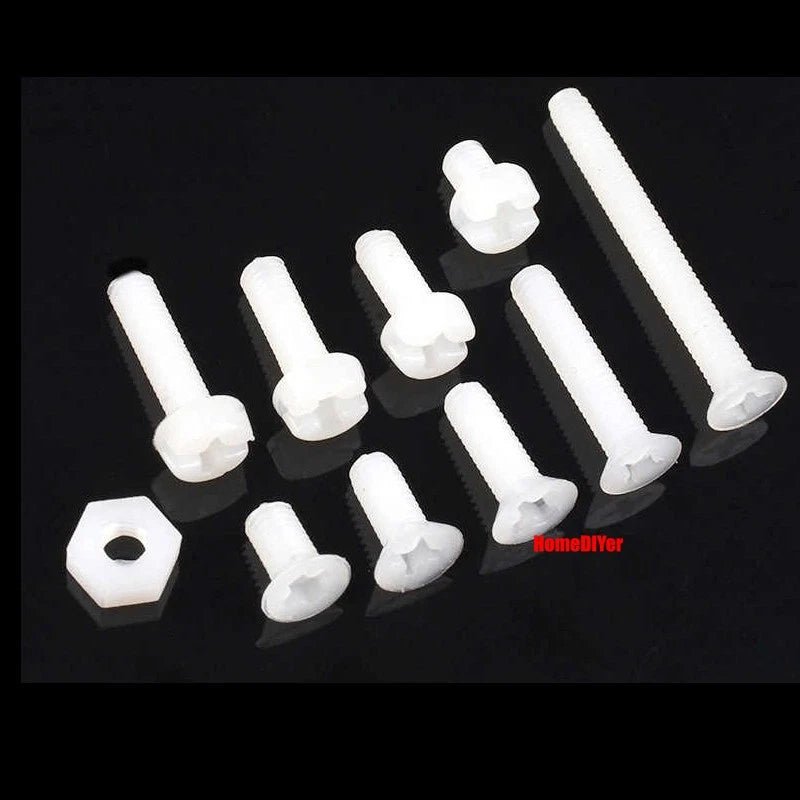 White Nylon Phillips Machine Screws M3 Round & Flat Head 5–20mm with M3 Nuts - HomeDIYer