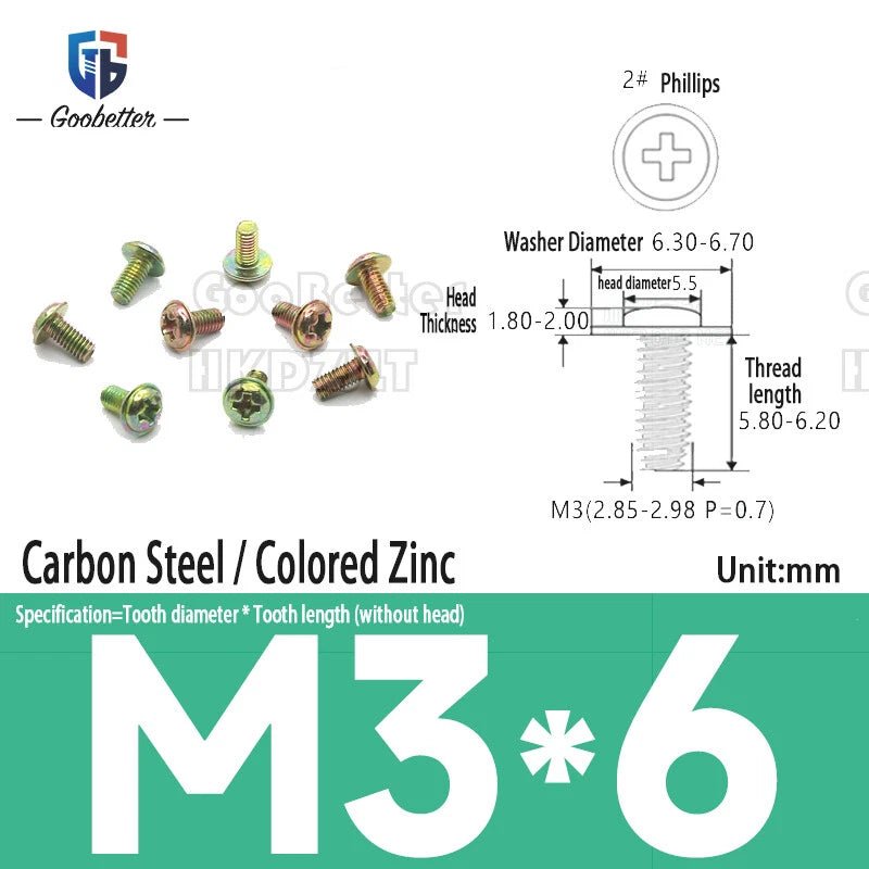 M2.5 / M2.6 / M3 Pan Head Phillips Machine Screws with Integrated Washer — Carbon Steel & Stainless, Multi - Finish - HomeDIYer