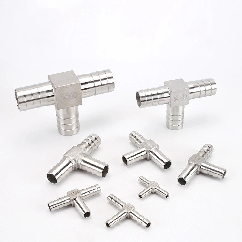 Stainless Steel T Hose Barb Tee Connector — 8mm to 32mm, Water & Gas Pipe Fitting