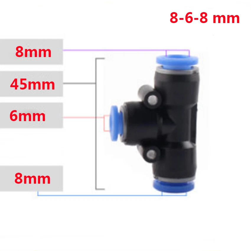Reducer Tee Push-In Fittings for Pneumatic Air Tube — 4 to 16mm