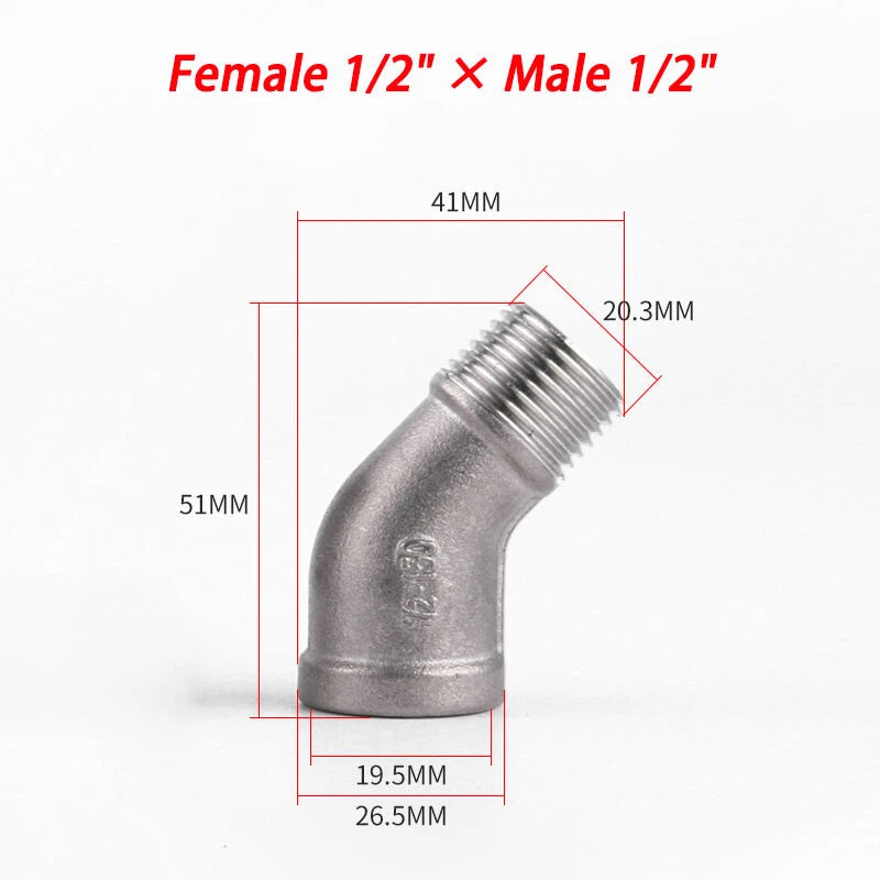 Stainless Steel 304 BSP 45° Elbow Pipe Fitting — Threaded Male × Female & Female × Female