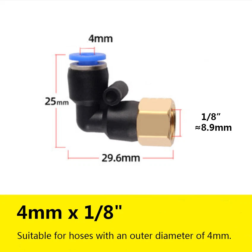 90° Elbow Push-to-Connect Pneumatic Fitting — 4mm to 12mm Hose OD, Female Thread