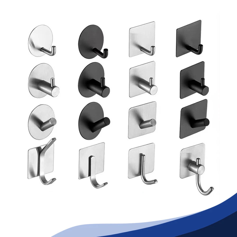 No Drill Self Adhesive Hooks Hanger Stainless Sticky Wall Hook Black/Silver/Gold