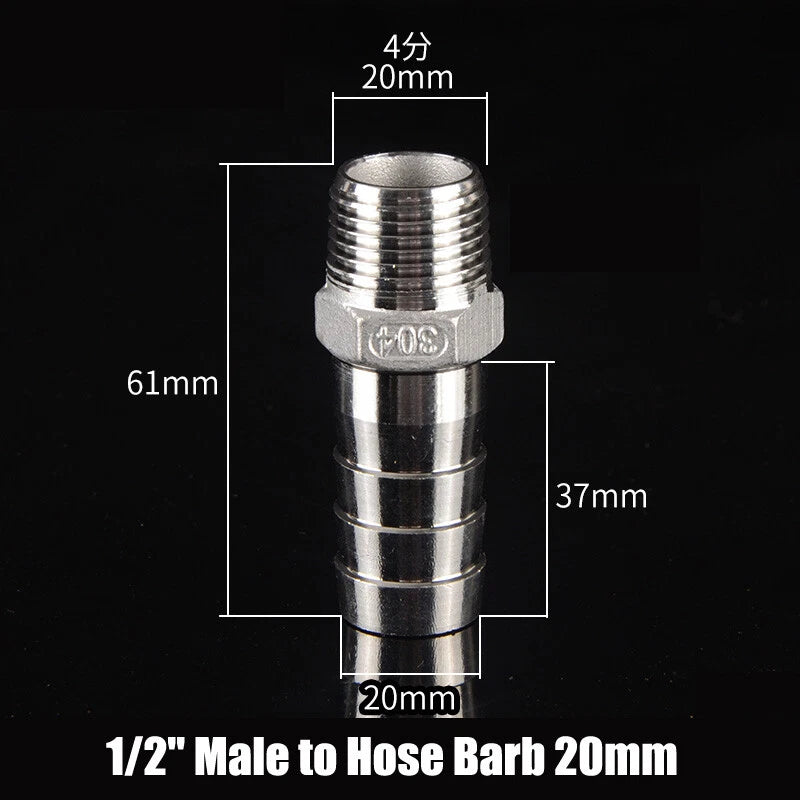 BSP Stainless Steel Male Hose Barb Fitting — 1/2" & 3/4" to Barb Connector