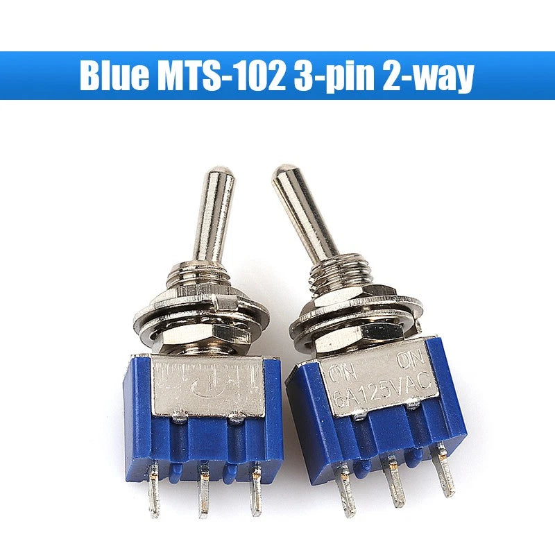 Mini Toggle Switch MTS/PS Series — Red & Blue SPDT 3/6/9/12-Pin, 2-Way & 3-Way