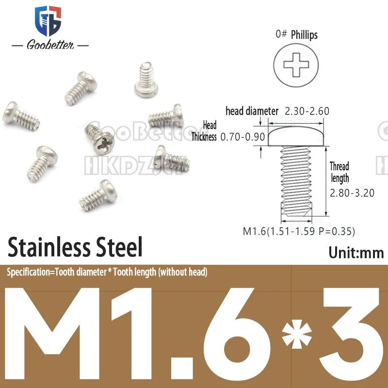 M1.6 & M1.7 Phillips Pan Round Head Machine Screws – Carbon Steel, Brass or Stainless, Lengths 1.5–22mm