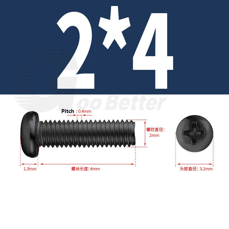M2 M2.5 M3 M4 M5 Black Zinc Phillips Pan Head Machine Screws – Carbon Steel, 3–20mm