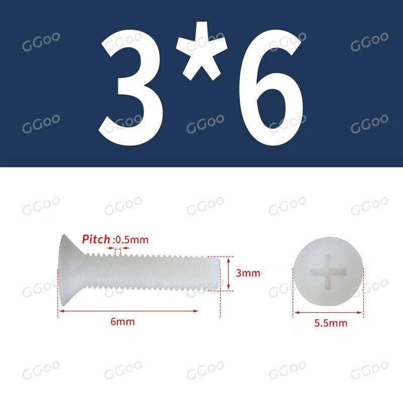White Nylon Phillips Flat Head Machine Screws DIN 965 — M2.5 M3 M4 M5 M6 M8