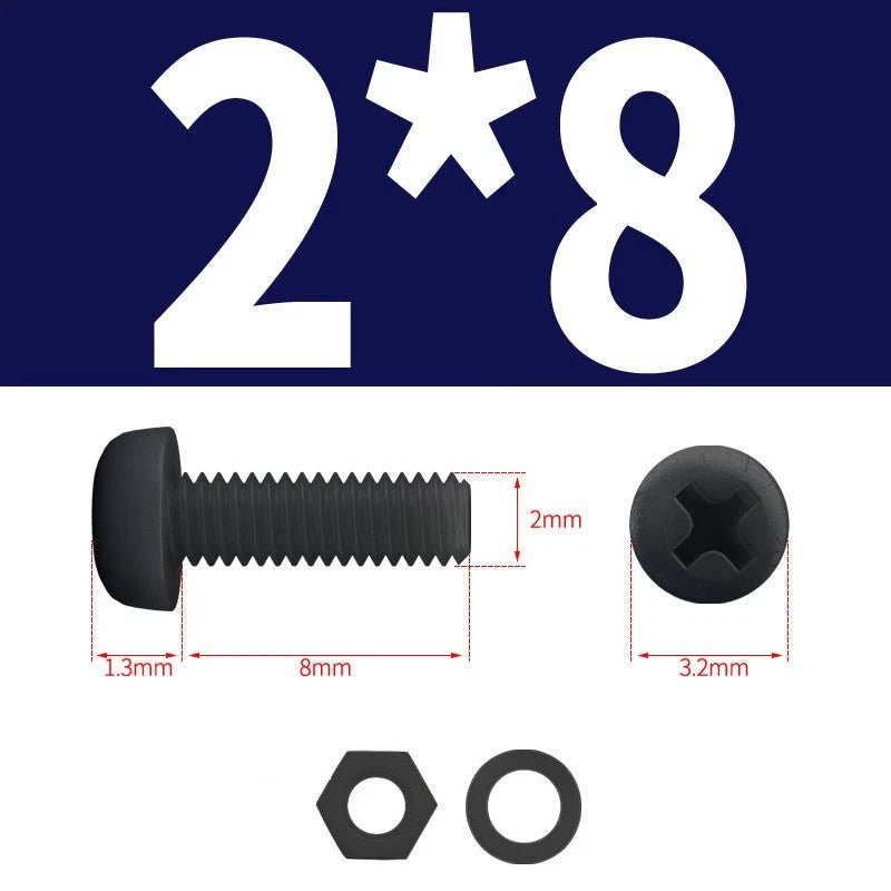 Black Nylon Phillips Machine Screws with Nuts & Washers — Metric M2 to M8 - HomeDIYer