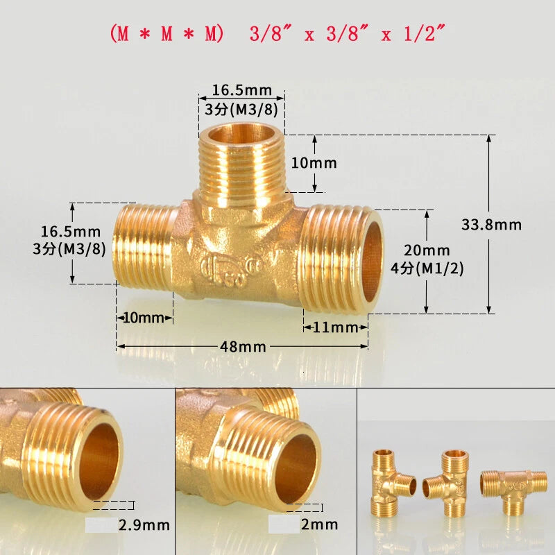 Brass Tee Pipe Fittings – NPT Thread, 1/8" to 2", M/F Configurations