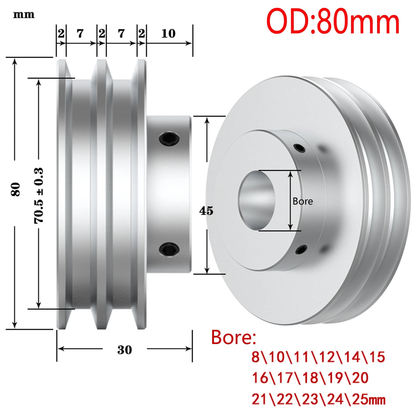Double V Grooved Pulley PU Round Belt Pulleys Aluminum Width 7mm OD 30-80mm