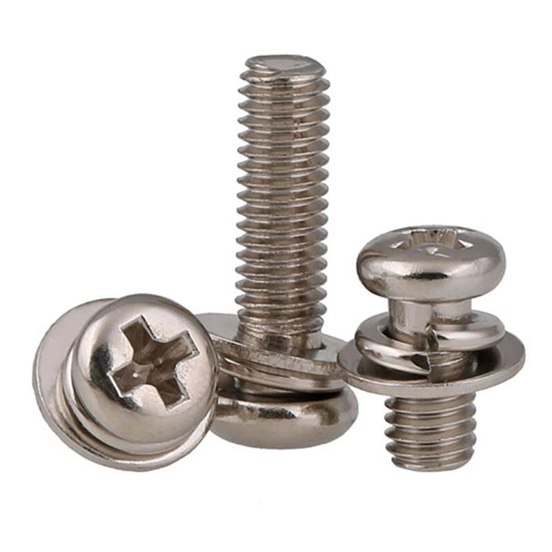 Black Zinc Phillips Pan Head Screws with Spring & Flat Washers – M2 to M8, Fully Threaded