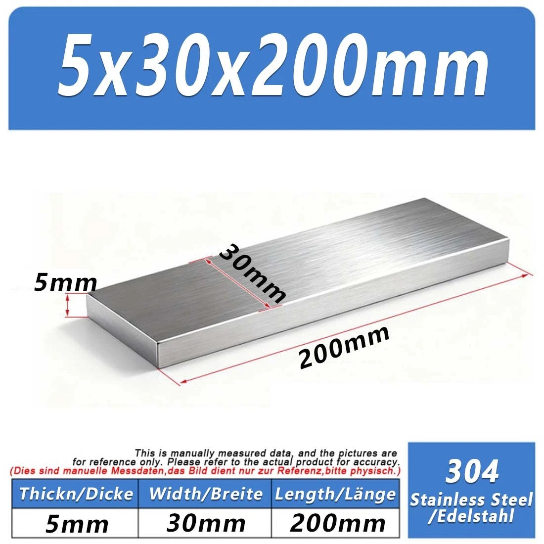 Stainless Steel Flat Bar Plate Grade 304 Various Size & Length 100/200/300/500mm