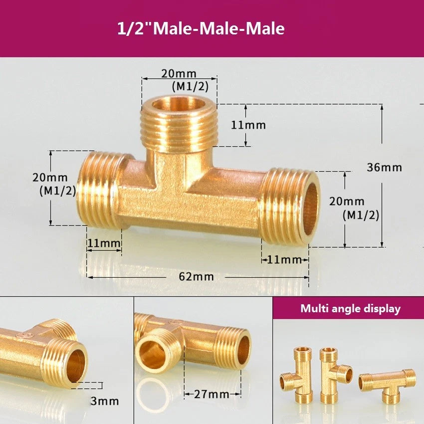 Brass BSP 1/2" T-Shape Tee Pipe Fitting | Male & Female Thread Connector