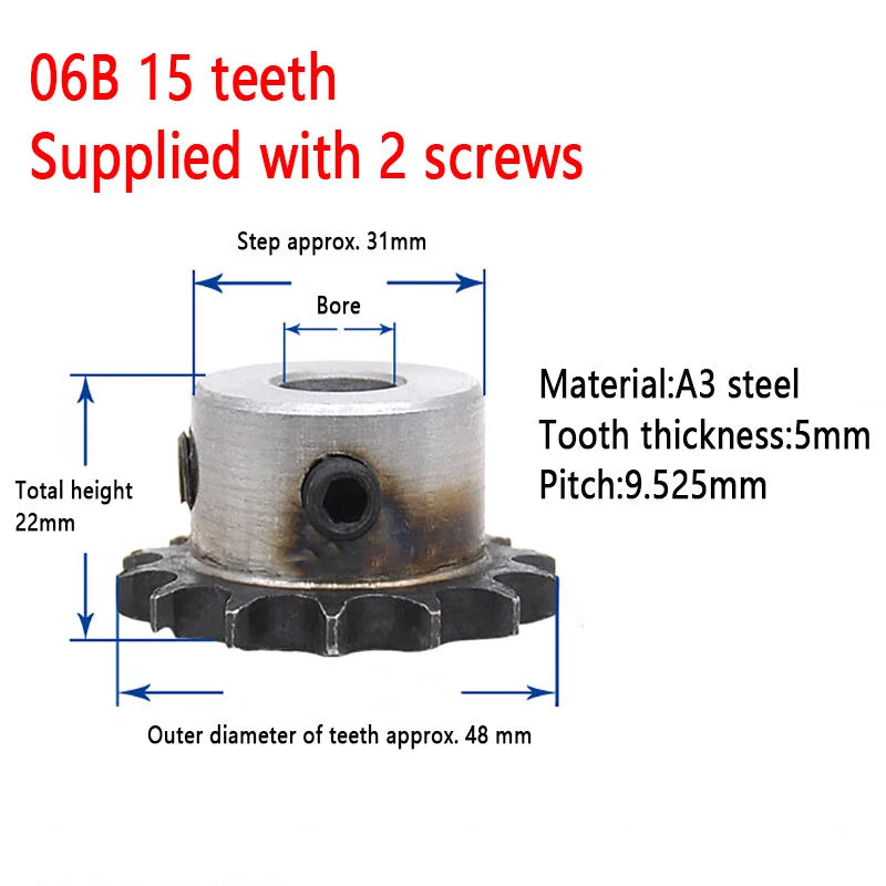 3/8" Pitch 06B Steel Pilot Bore Sprocket Simplex Roller Chain 15-17 Teeth 06B-1