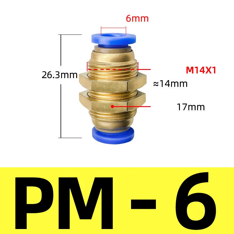 Brass Push-to-Connect Pneumatic Bulkhead Union Fittings — 4mm 6mm 8mm 10mm 12mm