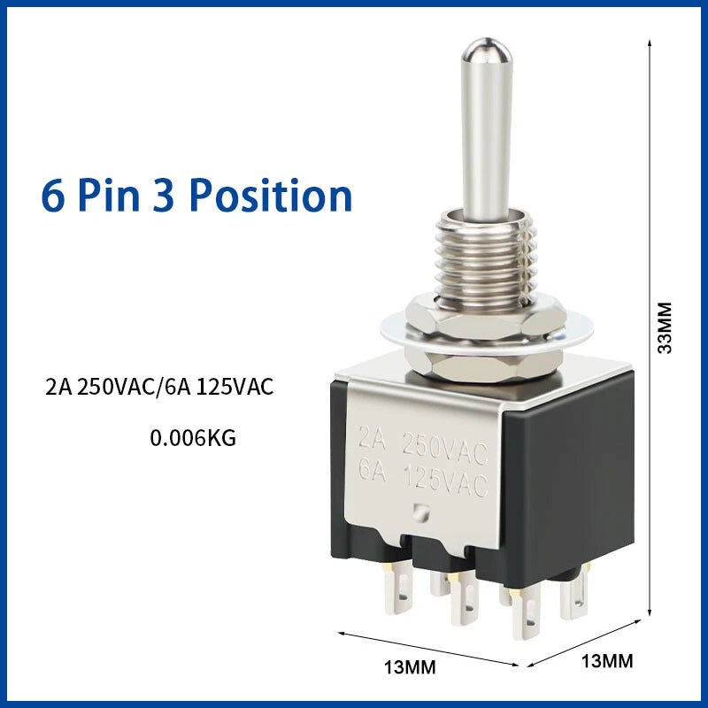MTS 6mm Mini Toggle Switch – 3 & 6 Pin, 2 & 3 Position, On-Off / On-Off-On