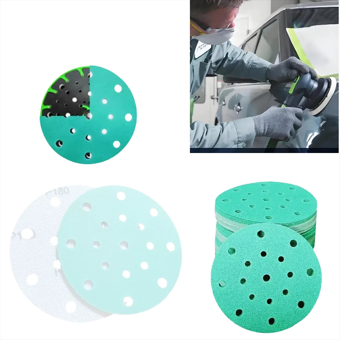 2~6 Inch Green Film Hook&Loop Sanding Flocking Discs Polis Sandpaper 5/6/8 Hole