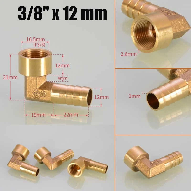 Brass 90° BSP Female Elbow with Barbed Hose Tail — 1/4", 3/8", 1/2" Pipe Fittings