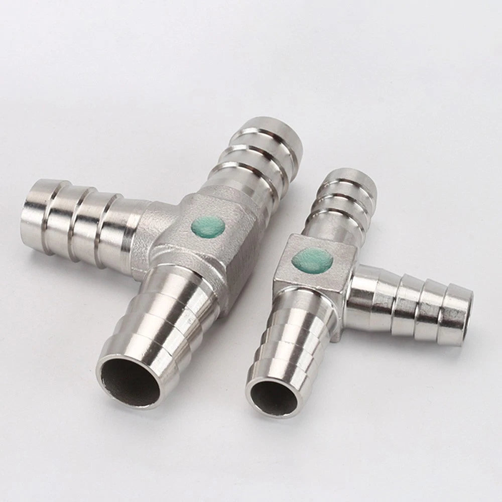 Stainless Steel T Hose Barb Tee Connector — 8mm to 32mm, Water & Gas Pipe Fitting