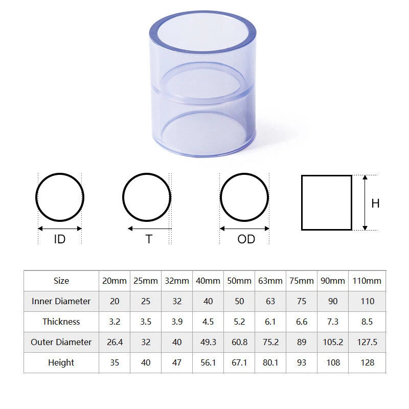 UPVC PVC Pipe Fittings Tee Straight Cap Elbow Clear Plumbing Couping ID 20-110mm