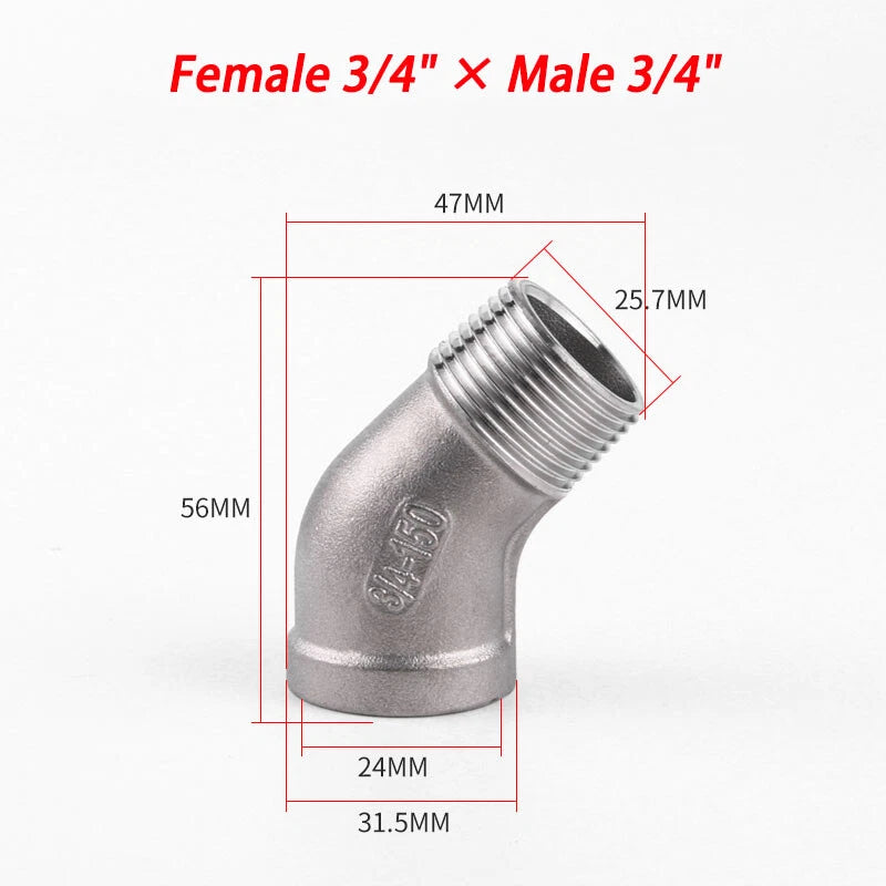 Stainless Steel 304 BSP 45° Elbow Pipe Fitting — Threaded Male × Female & Female × Female