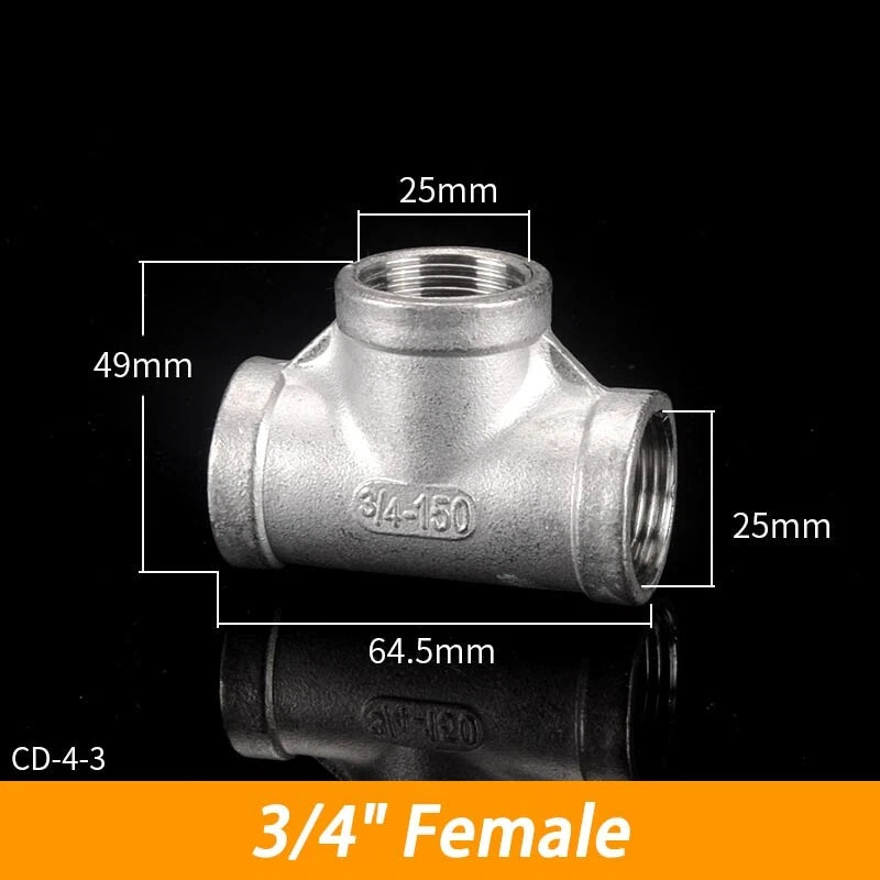 BSP 304 Stainless Steel Tee Fittings — 3-Way Male & Female Pipe Connector (1/8" to 3")