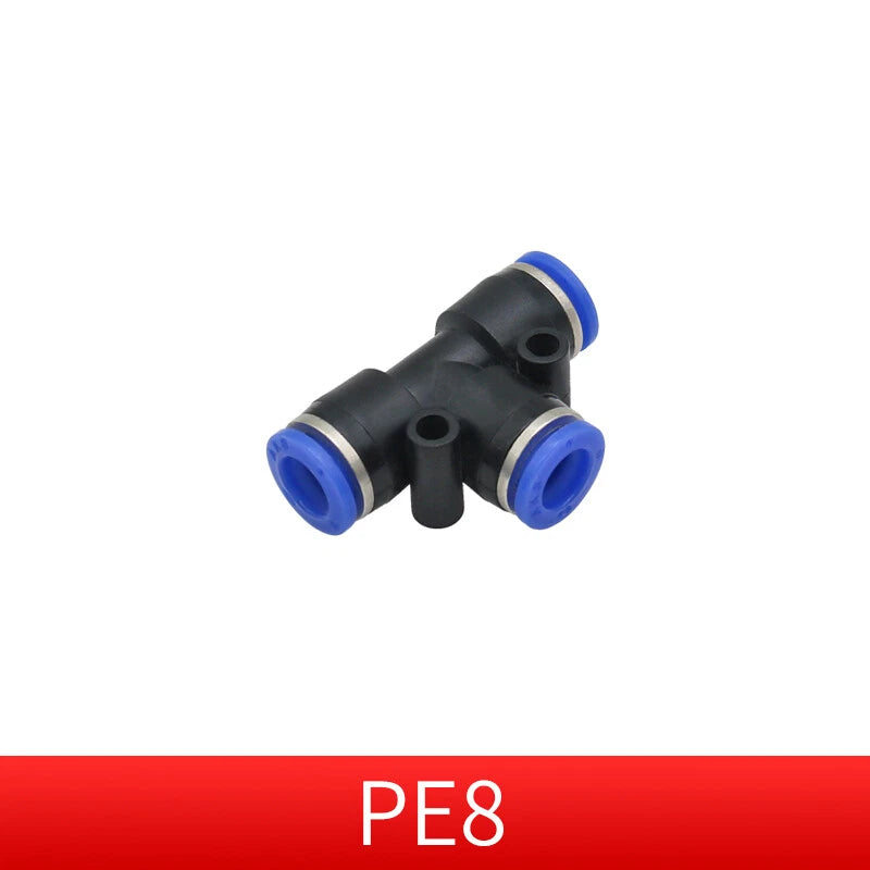 Pneumatic Push-in T-Shape 3-Way Fitting — Air Water Tube Connector PE4–PE16 & Reducing
