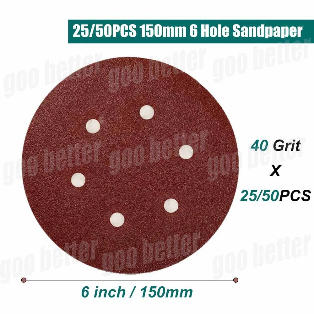 150mm 6 Inch  Sanding Discs 6 Hole Sandpaper 40-400 Grit Orbital Sander Pad